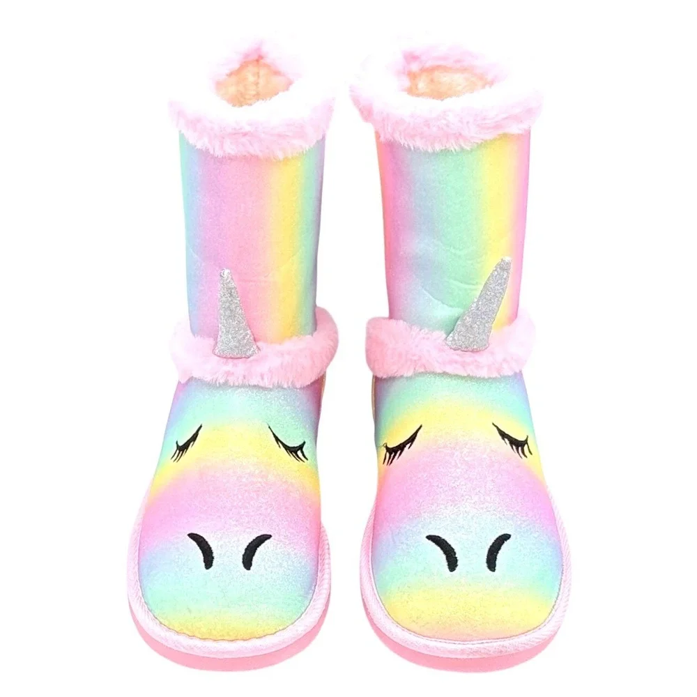 Kids Unicorn Rainbow Glitter Boots Cozy Faux Fur Lined Pink Sole Size‎ US 5